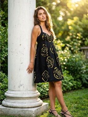 INC International Concepts Black Gold Floral Fit & Flare Cocktail Dress Size 8
